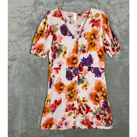 Women's Floral Puff Short Sleeve Button Down Summer Spring Shirt Dress Large - Picture 2 of 8